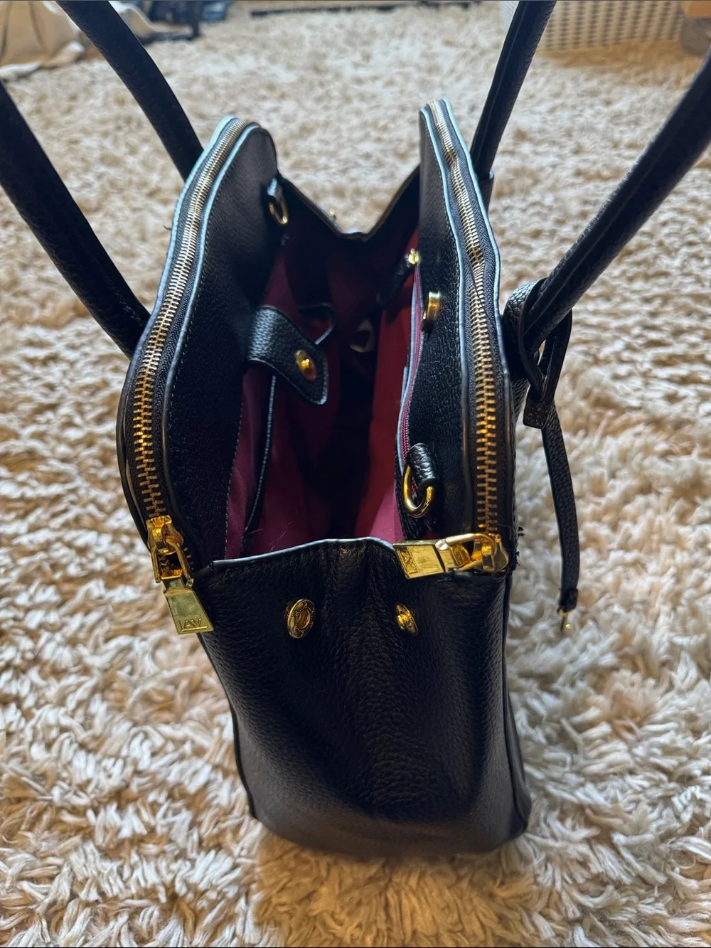 Adrienne Vittadini Black Pebbled Leather Satchel with Gold Lock
